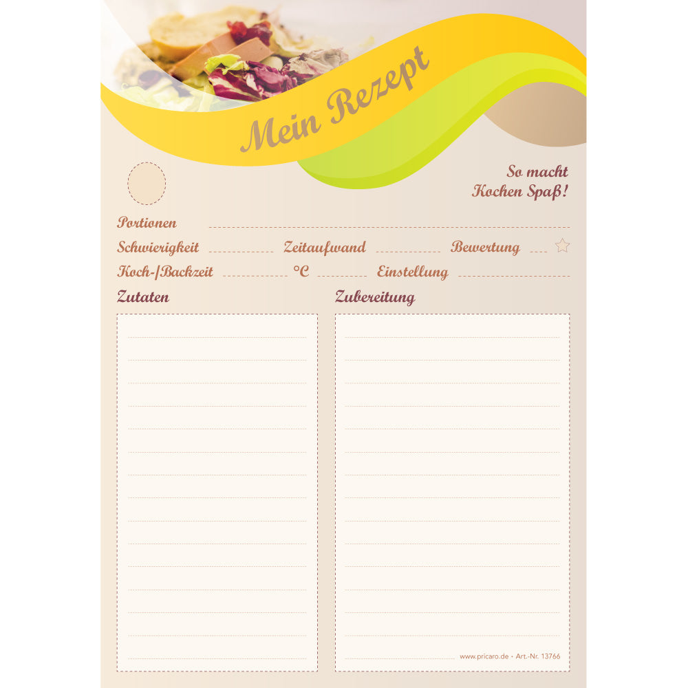 rezeptblock balance, a5, beige-gelbe optik mit platz für zutaten und zubereitungsschritte, frontansicht
