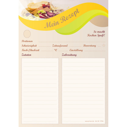 rezeptblock balance, a5, beige-gelbe optik mit platz für zutaten und zubereitungsschritte, frontansicht