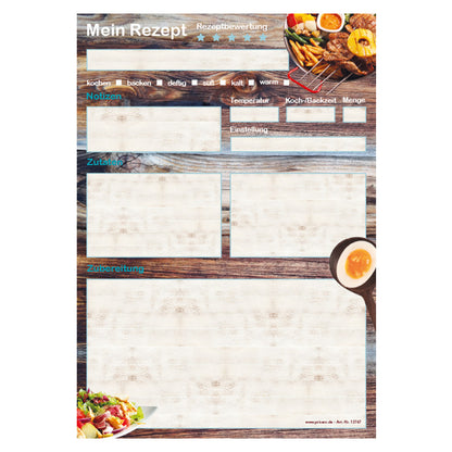 rezeptblock farmhouse, a5, braun-bunte optik mit grillgerichten und platz für zutaten, notizen und zubereitungsschritte, frontansicht