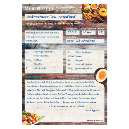 rezeptblock farmhouse, a5, braun-bunte optik mit grillgerichten und platz für zutaten, notizen und zubereitungsschritte, ausfüllbeispiel