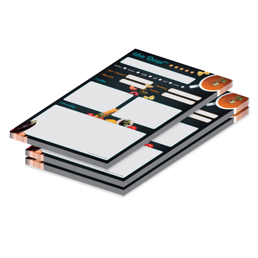 rezeptblock buon appetito, a5, schwarz-bunte optik mit pastazutaten und platz für zutaten, notizen und zubereitungsschritte, 3er set