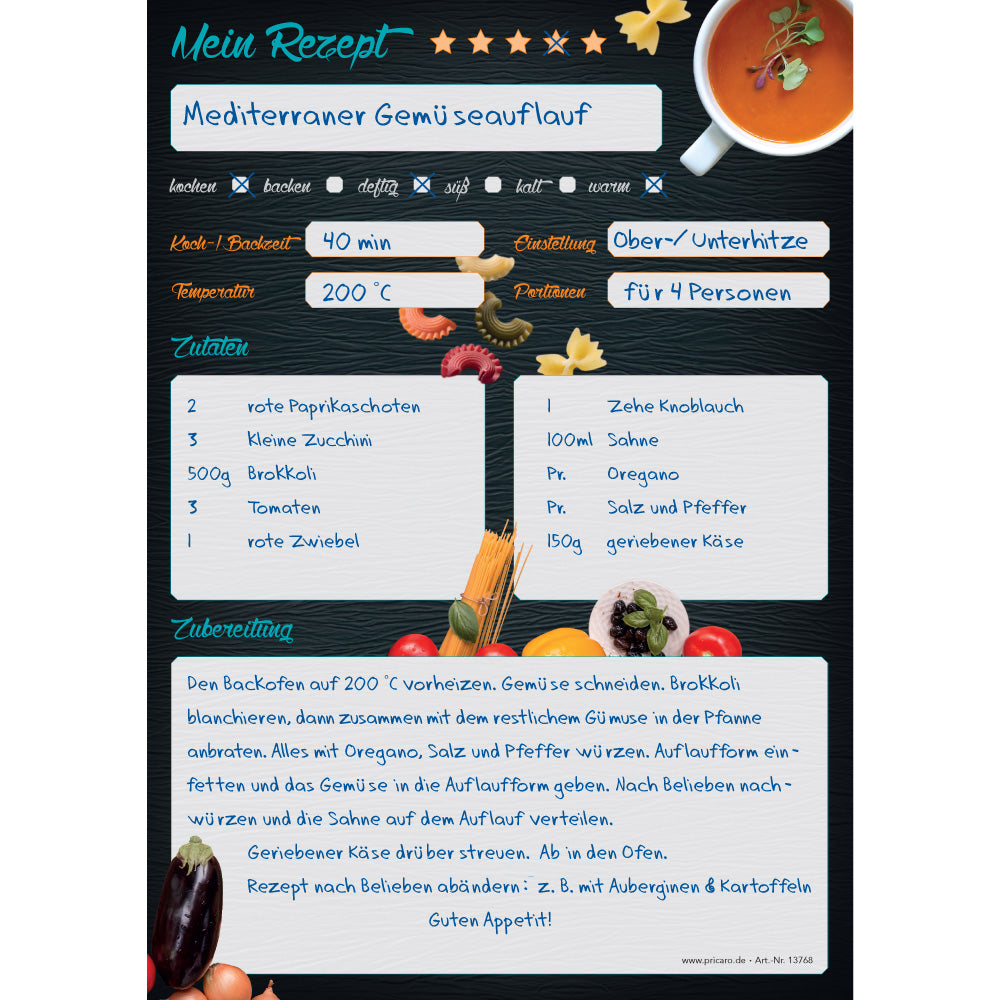 rezeptblock buon appetito, a5, schwarz-bunte optik mit pastazutaten und platz für zutaten, notizen und zubereitungsschritte, ausfüllbeispiel