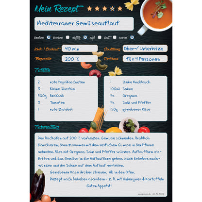 rezeptblock buon appetito, a5, schwarz-bunte optik mit pastazutaten und platz für zutaten, notizen und zubereitungsschritte, ausfüllbeispiel