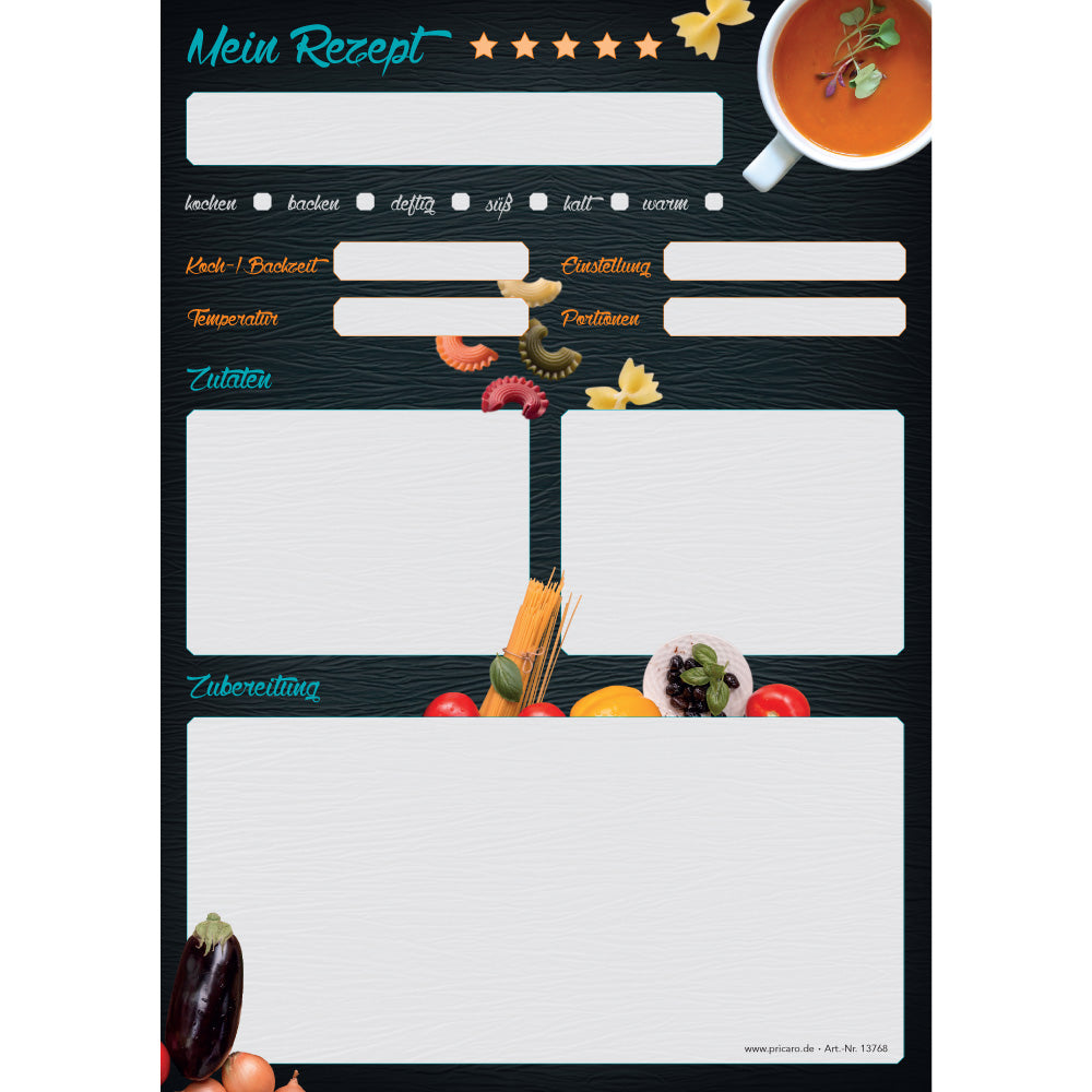 rezeptblock buon appetito, a5, schwarz-bunte optik mit pastazutaten und platz für zutaten, notizen und zubereitungsschritte, frontansicht