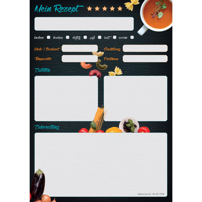 rezeptblock buon appetito, a5, schwarz-bunte optik mit pastazutaten und platz für zutaten, notizen und zubereitungsschritte, frontansicht