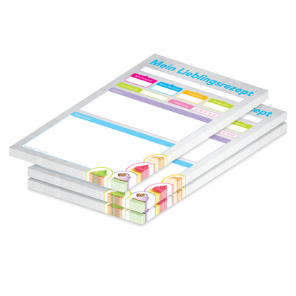 rezeptblock törtchen, a4, grau-bunte optik  mit bunten cupcakes im unteren bereich und mit platz für zutaten und zubereitungsschritte, schwierigkeitsgrad, 3er set