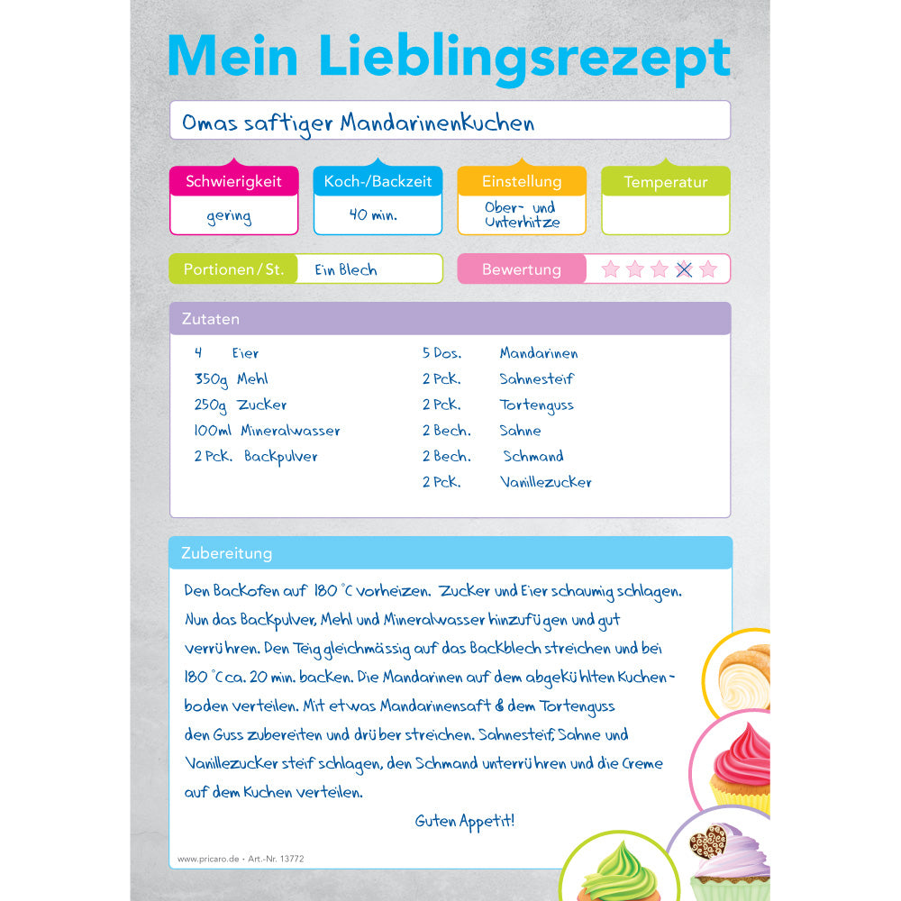 rezeptblock törtchen, a4, grau-bunte optik  mit bunten cupcakes im unteren bereich und mit platz für zutaten und zubereitungsschritte, schwierigkeitsgrad, ausfüllbeispiel