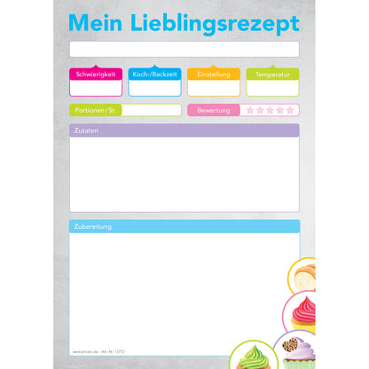 rezeptblock törtchen, a4, grau-bunte optik  mit bunten cupcakes im unteren bereich und mit platz für zutaten und zubereitungsschritte, schwierigkeitsgrad, frontansicht