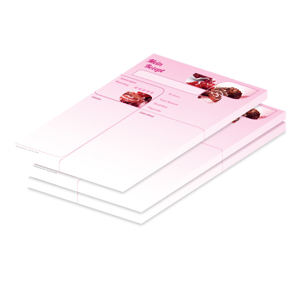 rezeptblock schokobiskuit, a4, rosa-weiße optik mit aufgedrucktem biskuitkuchen und platz für zutaten und zubereitungsschritte, 3er set