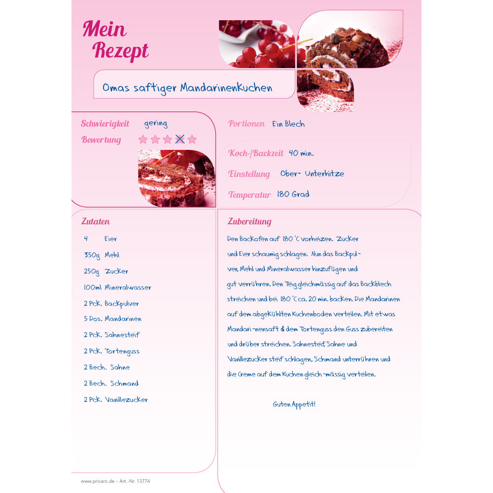 rezeptblock schokobiskuit, a4, rosa-weiße optik mit aufgedrucktem biskuitkuchen und platz für zutaten und zubereitungsschritte, ausfüllbeispiel