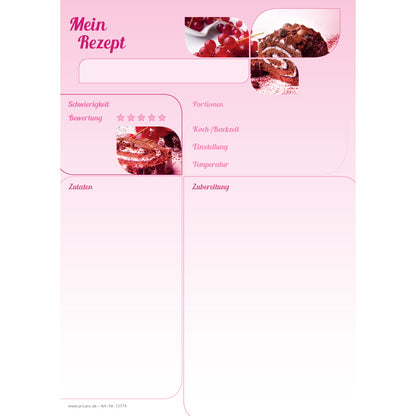 rezeptblock schokobiskuit, a4, rosa-weiße optik mit aufgedrucktem biskuitkuchen und platz für zutaten und zubereitungsschritte, frontansicht