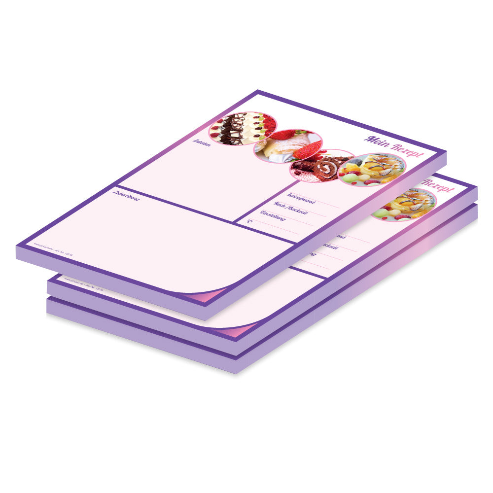 rezeptblock sweet dreams, a4, rosa-lilafarbene optik mit aufgedrucktem kuchenstücken und platz für zutaten und zubereitungsschritte, 3er set