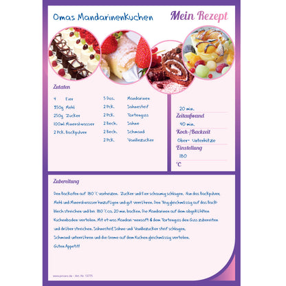rezeptblock sweet dreams, a4, rosa-lilafarbene optik mit aufgedrucktem kuchenstücken und platz für zutaten und zubereitungsschritte, ausfüllbeispiel