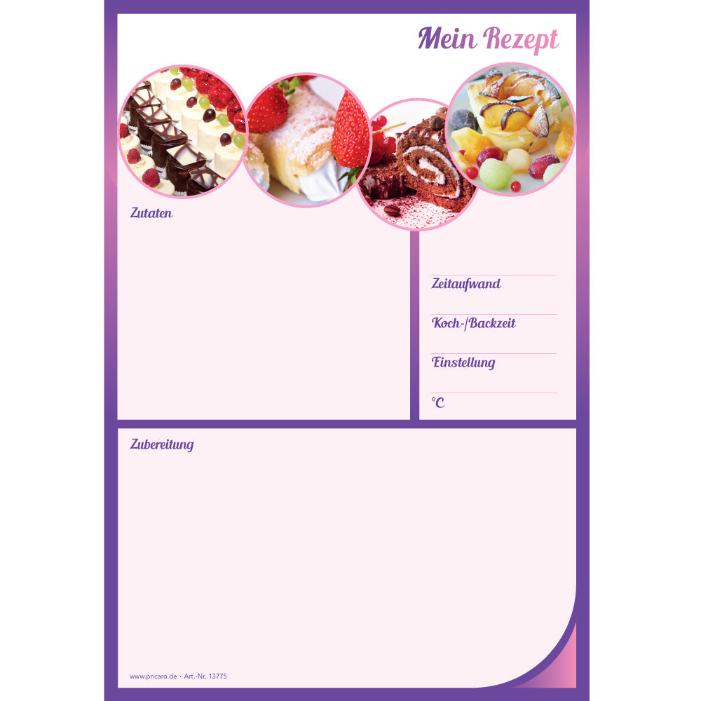 rezeptblock sweet dreams, a4, rosa-lilafarbene optik mit aufgedrucktem kuchenstücken und platz für zutaten und zubereitungsschritte, frontansicht
