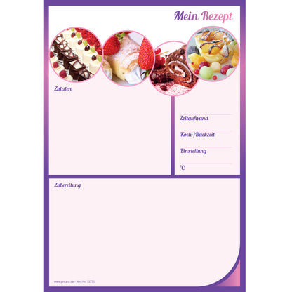 rezeptblock sweet dreams, a4, rosa-lilafarbene optik mit aufgedrucktem kuchenstücken und platz für zutaten und zubereitungsschritte, frontansicht
