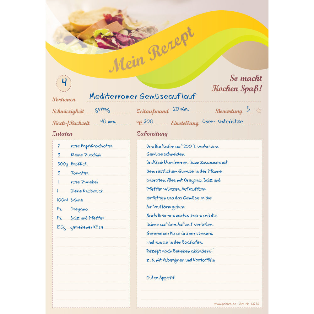 rezeptblock balance, a4, beige-gelbe optik mit platz für zutaten und zubereitungsschritte, ausfüllbeispiel