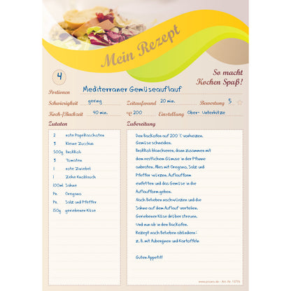 rezeptblock balance, a4, beige-gelbe optik mit platz für zutaten und zubereitungsschritte, ausfüllbeispiel