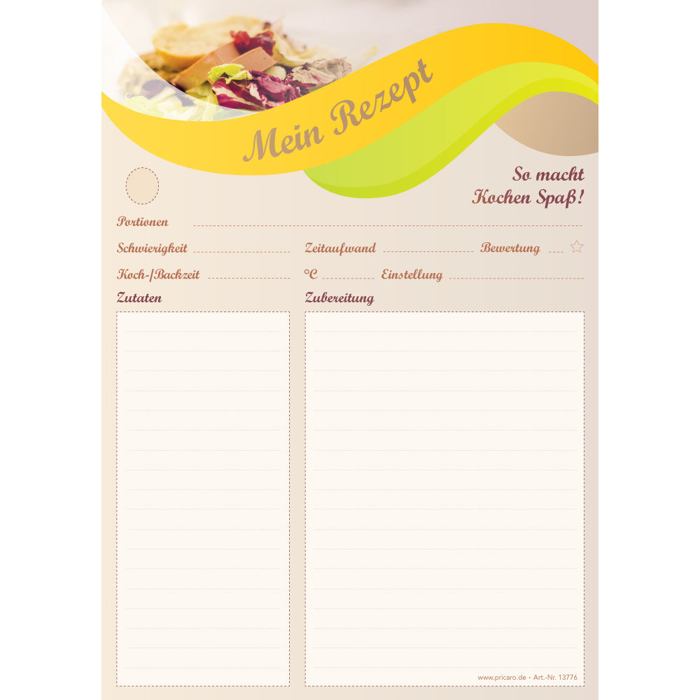 rezeptblock balance, a4, beige-gelbe optik mit platz für zutaten und zubereitungsschritte, frontansicht