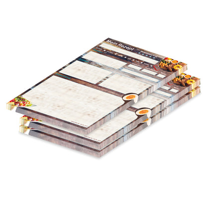 rezeptblock farmhouse, a4, braun-bunte optik mit grillgerichten und platz für zutaten, notizen und zubereitungsschritte, 3er set