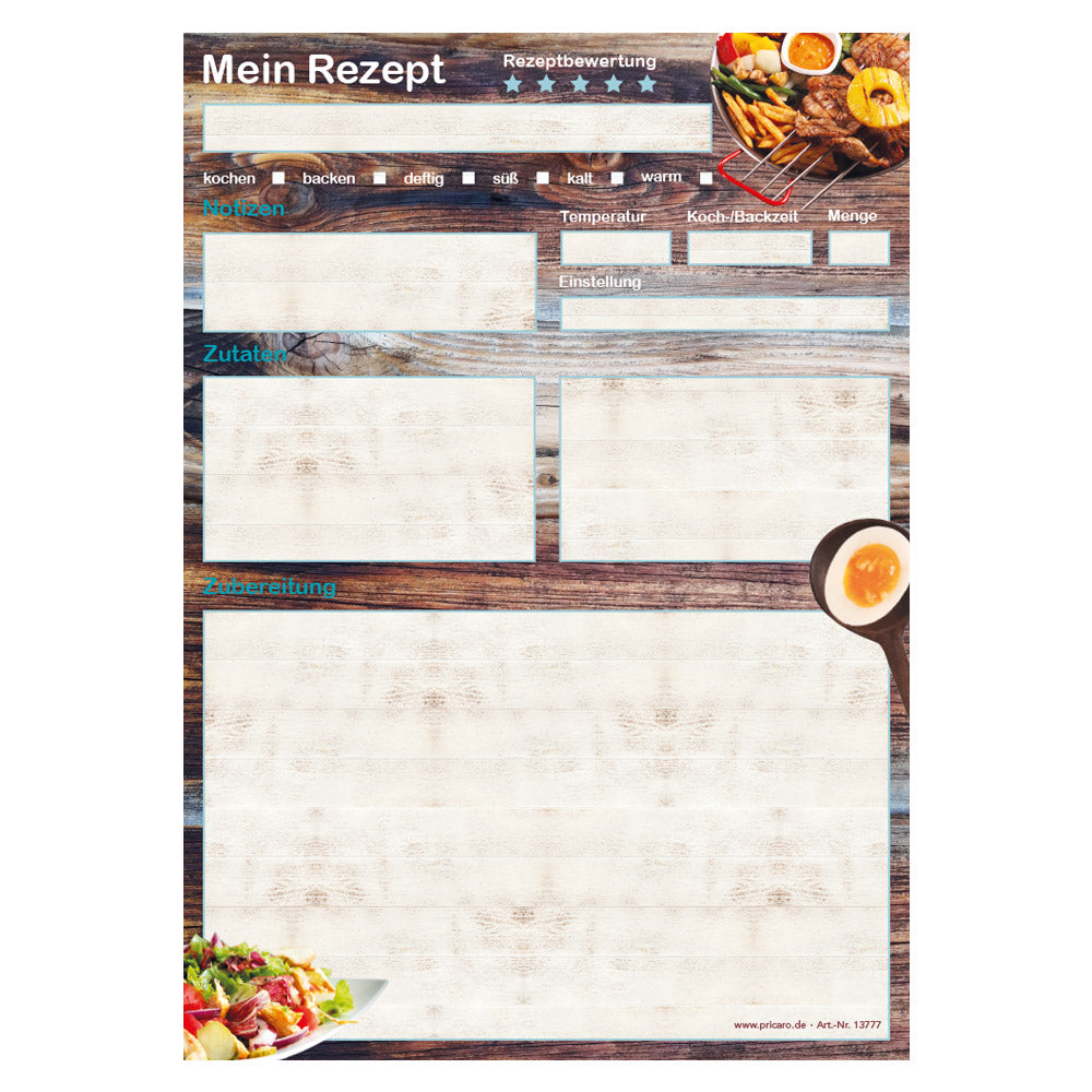 rezeptblock farmhouse, a4, braun-bunte optik mit grillgerichten und platz für zutaten, notizen und zubereitungsschritte, frontansicht