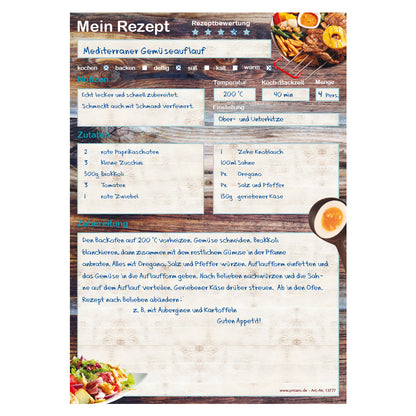 rezeptblock farmhouse, a4, braun-bunte optik mit grillgerichten und platz für zutaten, notizen und zubereitungsschritte, ausfüllbeispiel