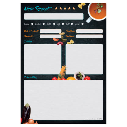 rezeptblock buon appetito, a4, schwarz-bunte optik mit pastazutaten und platz für zutaten, notizen und zubereitungsschritte, frontansicht