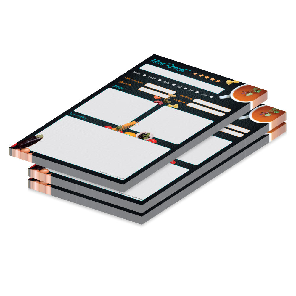 rezeptblock buon appetito, a4, schwarz-bunte optik mit pastazutaten und platz für zutaten, notizen und zubereitungsschritte, 3er set