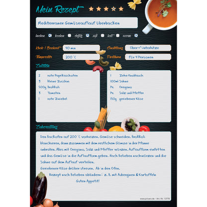 rezeptblock buon appetito, a4, schwarz-bunte optik mit pastazutaten und platz für zutaten, notizen und zubereitungsschritte, ausfüllbeispiel