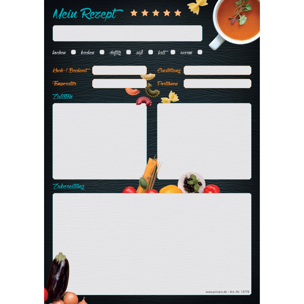 rezeptblock buon appetito, a4, schwarz-bunte optik mit pastazutaten und platz für zutaten, notizen und zubereitungsschritte, frontansicht