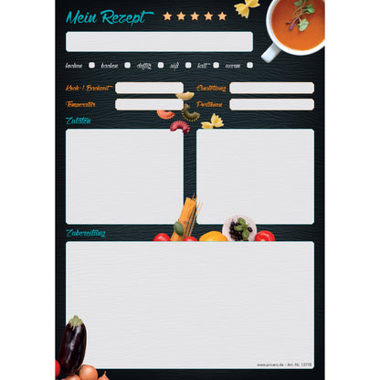 rezeptblock buon appetito, a4, schwarz-bunte optik mit pastazutaten und platz für zutaten, notizen und zubereitungsschritte, frontansicht