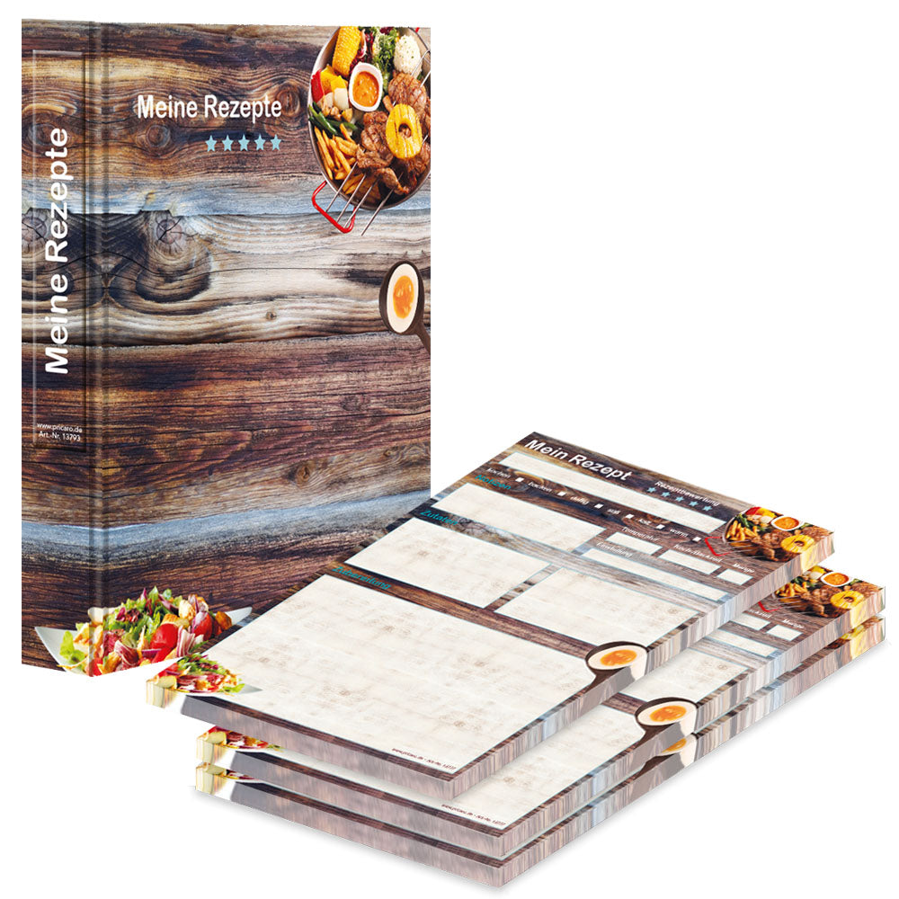rezeptordner mit rezeptblock farmhouse, a4, braun-bunte optik mit grillgerichten und der aufschrift meine rezepte, seitliche ansicht