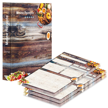rezeptordner mit rezeptblock farmhouse, a4, braun-bunte optik mit grillgerichten und der aufschrift meine rezepte, seitliche ansicht