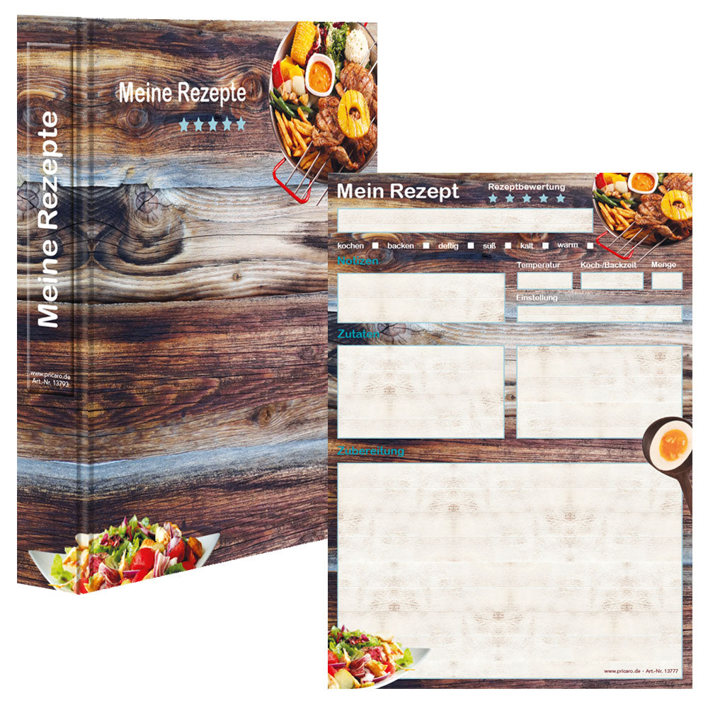 rezeptordner mit rezeptblock farmhouse, a4, braun-bunte optik mit grillgerichten und der aufschrift meine rezepte, frontansicht