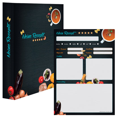 rezeptordner mit rezeptblock buon appetito, a4, schwarz-bunte optik mit pastazutaten und der aufschrift meine rezepte, frontansicht