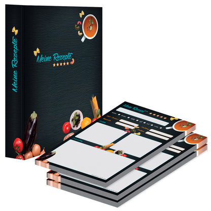 rezeptordner mit rezeptblock buon appetito, a4, schwarz-bunte optik mit pastazutaten und der aufschrift meine rezepte, seitliche ansicht