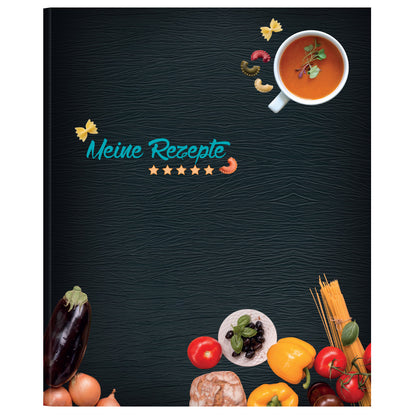 rezeptordner buon appetito, a4, schwarz-bunte optik mit pastazutaten und der aufschrift meine rezepte, vorderseite