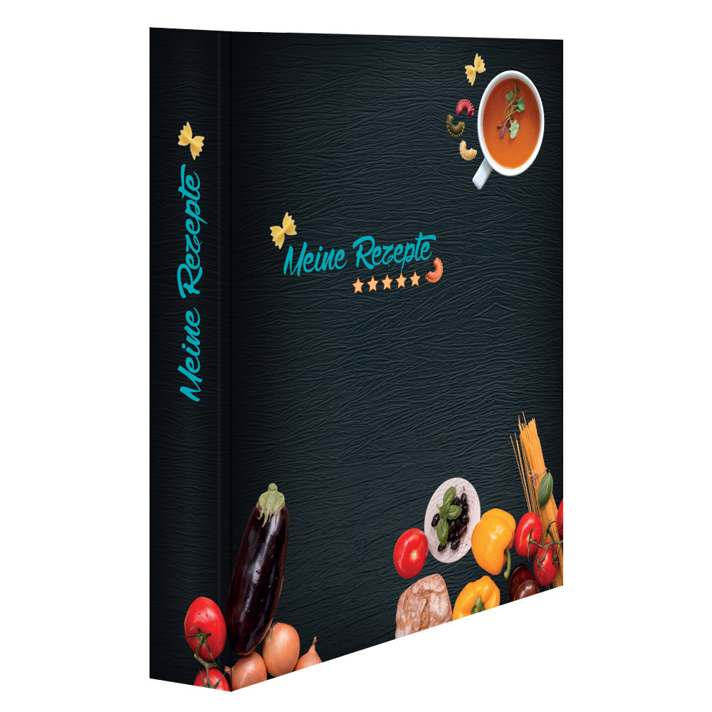 rezeptordner buon appetito, a4, schwarz-bunte optik mit pastazutaten und der aufschrift meine rezepte, seitliche ansicht
