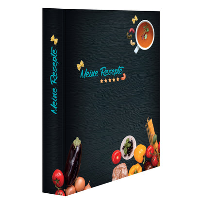 rezeptordner buon appetito, a4, schwarz-bunte optik mit pastazutaten und der aufschrift meine rezepte, seitliche ansicht
