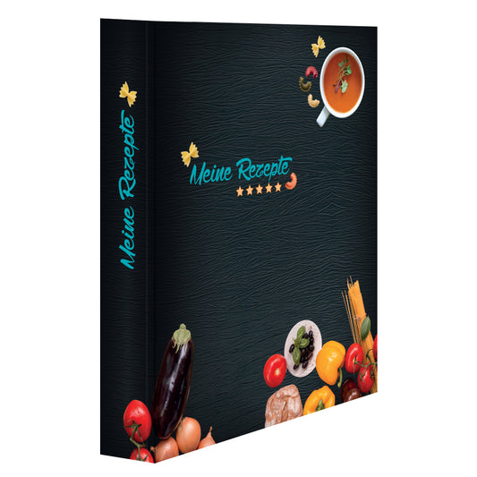 rezeptordner buon appetito, a4, schwarz-bunte optik mit pastazutaten und der aufschrift meine rezepte, vorderseite