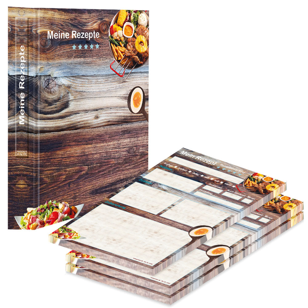 rezeptordner mit rezeptblock farmhouse, a5, braun-bunte optik mit grillgerichten und der aufschrift meine rezepte, seitliche ansicht