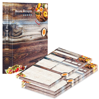 rezeptordner mit rezeptblock farmhouse, a5, braun-bunte optik mit grillgerichten und der aufschrift meine rezepte, seitliche ansicht