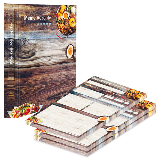 rezeptordner mit rezeptblock farmhouse, a5, braun-bunte optik mit grillgerichten und der aufschrift meine rezepte, seitliche ansicht