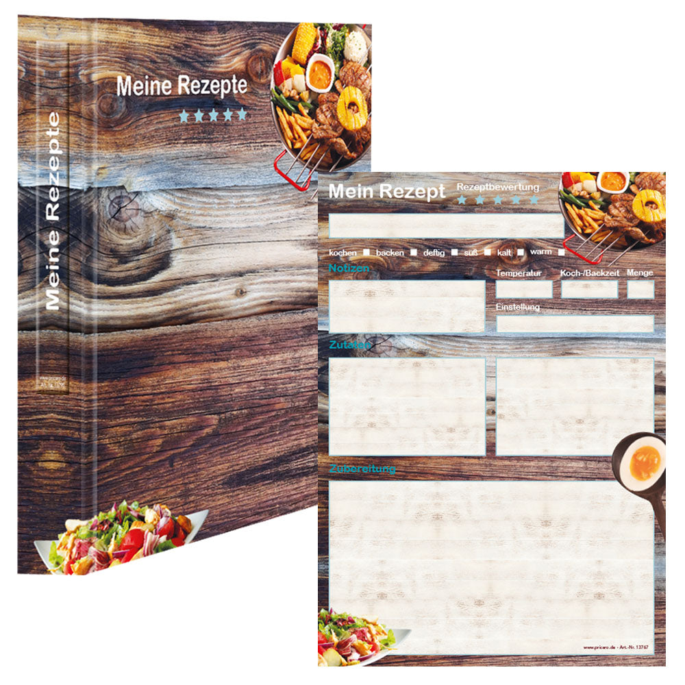 rezeptordner mit rezeptblock farmhouse, a5, braun-bunte optik mit grillgerichten und der aufschrift meine rezepte, frontansicht