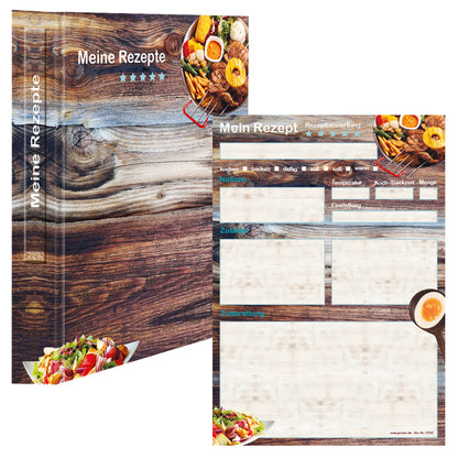rezeptordner mit rezeptblock farmhouse, a5, braun-bunte optik mit grillgerichten und der aufschrift meine rezepte, frontansicht