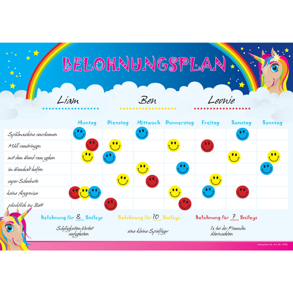 belohnungsplan einhorn, bunte optik, geeignet für bis zu drei kinder, ausfüllbeispiel