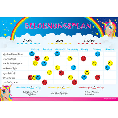 belohnungsplan einhorn, bunte optik, geeignet für bis zu drei kinder, ausfüllbeispiel