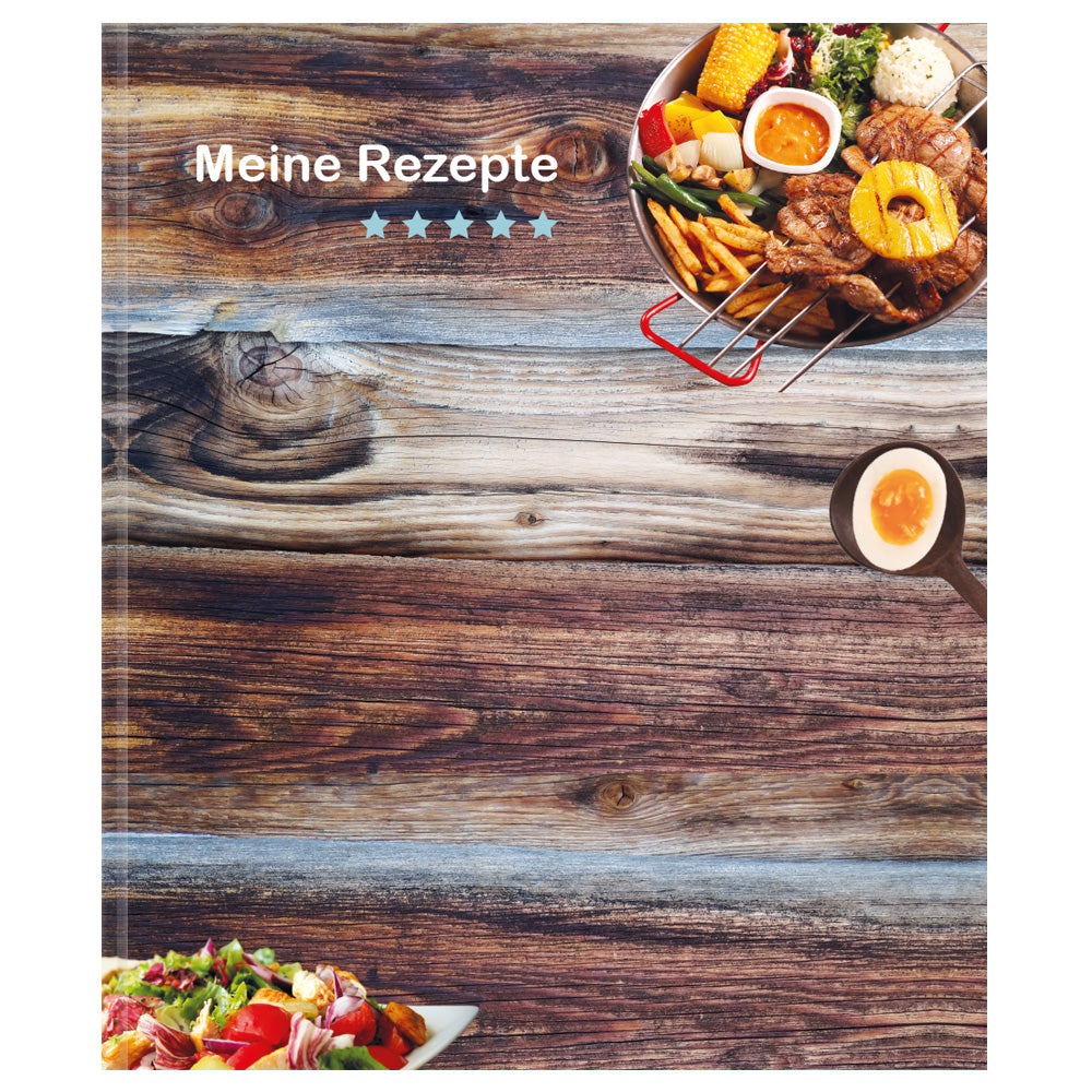 rezeptordner farmhouse, a4, braun-bunte optik mit grillgerichten und der aufschrift meine rezepte, frontansicht