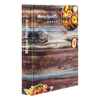 rezeptordner farmhouse, a4, braun-bunte optik mit grillgerichten und der aufschrift meine rezepte, seitliche ansicht