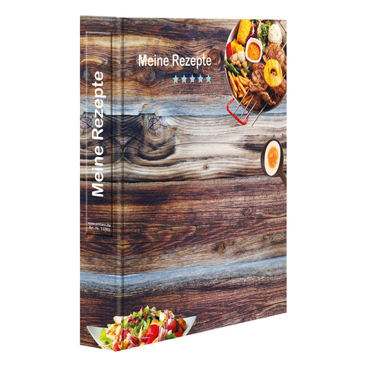 rezeptordner farmhouse, a4, braun-bunte optik mit grillgerichten und der aufschrift meine rezepte, seitliche ansicht