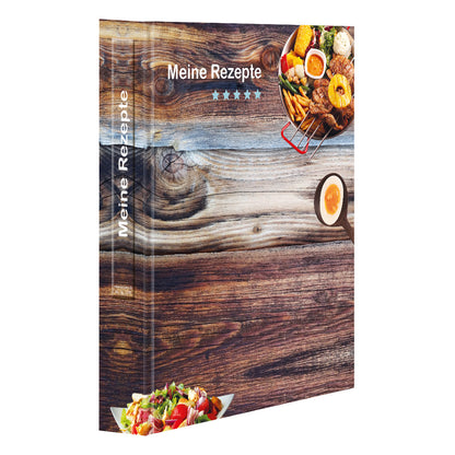 rezeptordner farmhouse, a5, braun-bunte optik mit grillgerichten und der aufschrift meine rezepte, seitliche ansicht